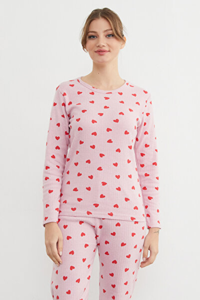 Fulla Moda Heart Pattern Crew Neck Pajamas Set