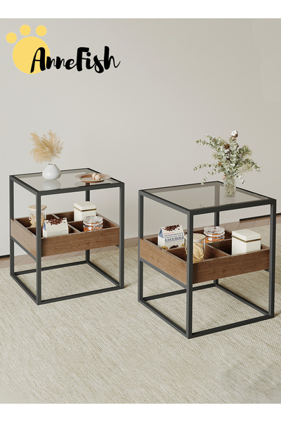 AnneFish 40*40*55cm Nightstand Coffee Table Tempered Glass Tabletop Table Sofa Side Service Bedside Table