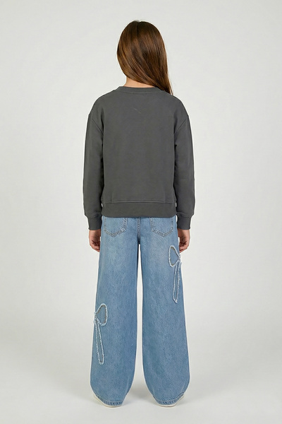 DMB BOYS & GIRLS Ribbon Bow Embroidered Girls' Jeans Soft Textured Wide Leg Loose Leg Jeans