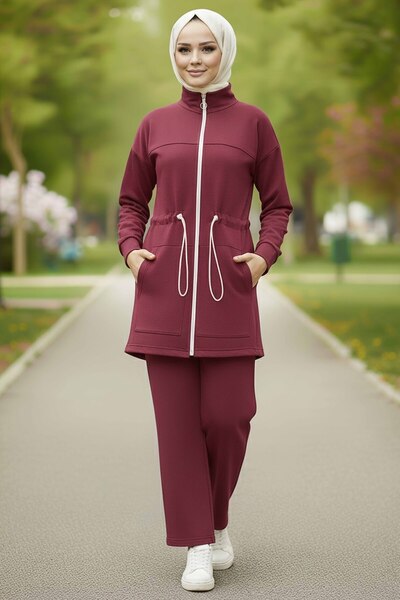 TOFİSA Modal διπλό κοστούμι με λεπτομέρεια από λάστιχο στη μέση και τσέπη με φερμουάρ Βουργουνδίας - 28044-BORDO