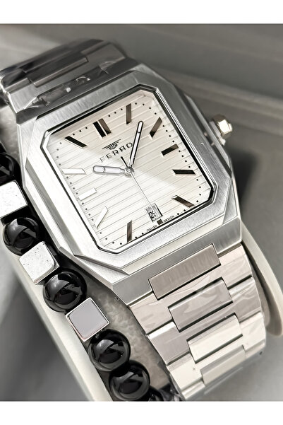 FERRO With Calendar, Men's Wristwatch, Silver Steel Band, White Dial, Stylish Design Bracelet Gift