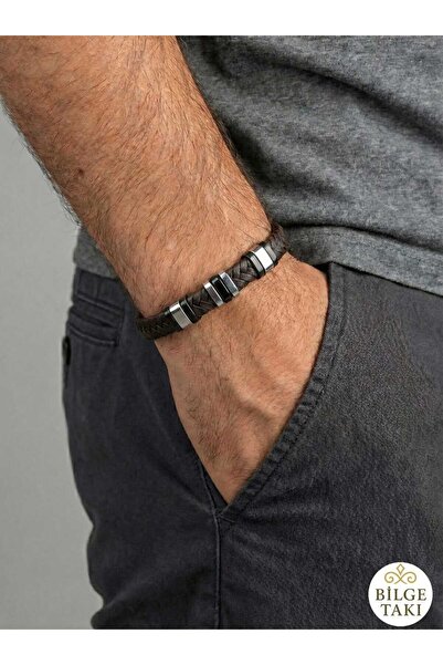 Bilge Takı Erkek Örgü Deri Bileklik, Çelik Aksesuar ve Siyah Kahve Örgü Deri ...