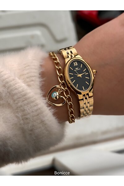 FERRO Vintage Women's Wristwatch, Mini Oval Case, Yellow Black Color Steel Band, Heart Bracelet Gift