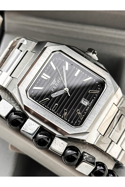 FERRO With Calendar, Men's Wristwatch, Silver Steel Band, Black Dial, Stylish Design Bracelet Gift