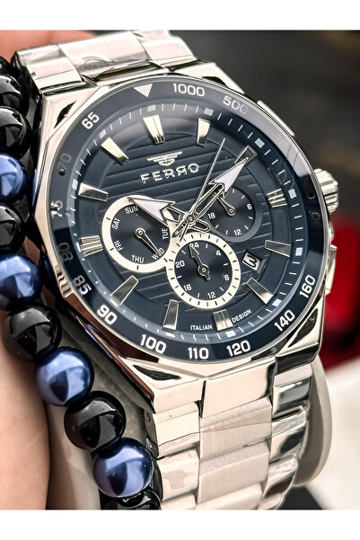 FERRO With Calendar, Men's Wristwatch, Silver Steel Band, Navy Blue Dial, Stylish Design Bracelet Gift