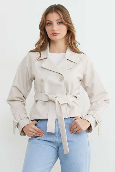 Fulla Moda διπλό πέτο Παλτό από συνθετικό δέρμα με ζώνη στο λαιμό