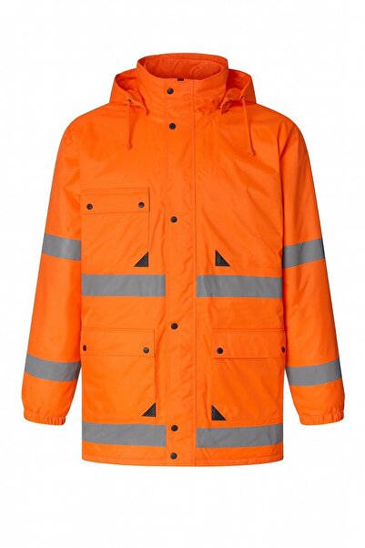 Çamdalı İş Elbiseleri Αδιάβροχο εισαγόμενο επαγγελματικό παλτό νέον πορτοκαλί 5 τσέπες Ka με κουκούλα με εφέ