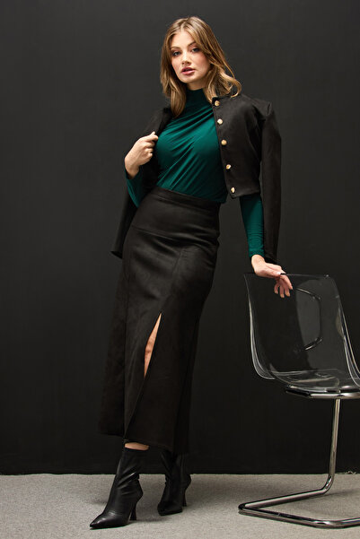 Fulla Moda Fusta din piele intoarsa cu fantă Maxi Size cu fermoar