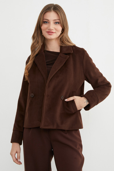 Fulla Moda Double-Breasted Collar Soft Textured Cashmere Coat with Pockets