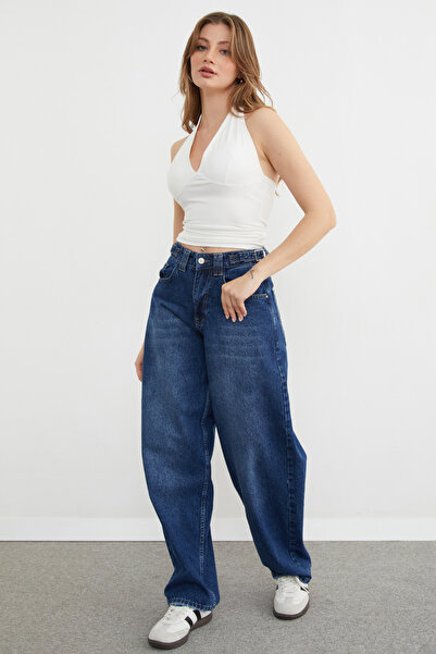 Fulla Moda Φαρδύ τζιν με αγκράφα στη μέση