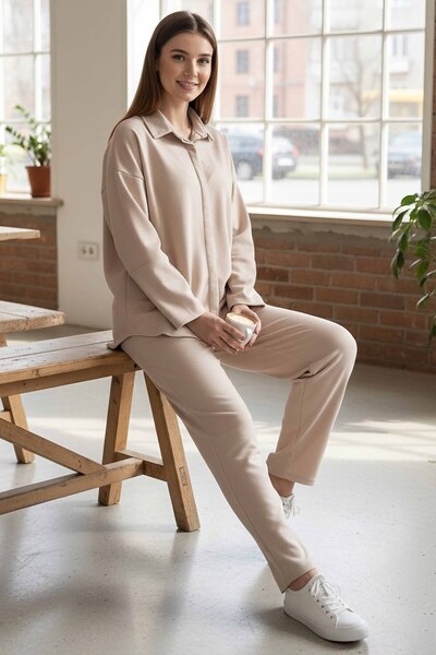 TOFİSA Wide Sleeve Modal Double Suit Cream - 28059-Cream