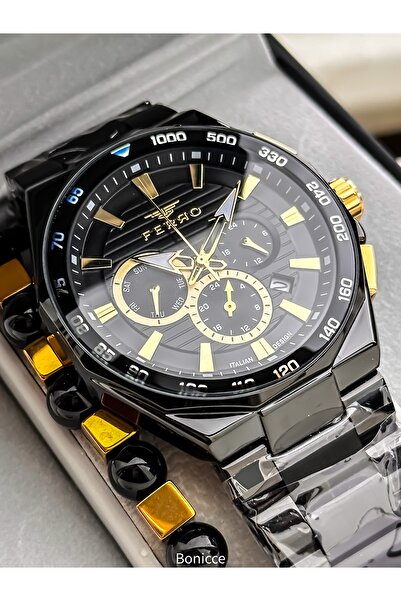 FERRO With Calendar, Men's Wristwatch, Black Steel Band, Yellow Dial, Functions Active, Bracelet Gift