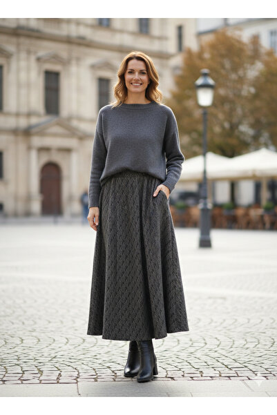 Oppland Women's Winter Piece Skirt Herringbone Patterned Fleece-Lined Elastic Waist Cotton Textured