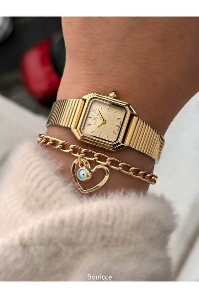 FERRO Vintage Women's Wristwatch, Mini Case, Yellow Color Steel Band, Heart Bracelet Gift