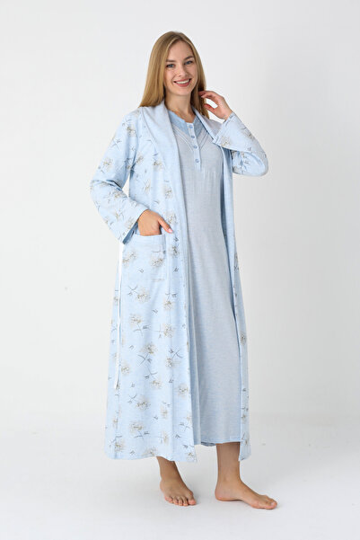 ERDENİZ TEKSTİL Patterned Combed Cotton Maternity Nightgown and Long-Sleeved Nursing Buttoned Set with Dressing Gown