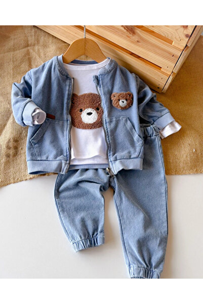 hümabebe Coffee Teddy Bear Embroidered Zipper Cardigan Transitional 3-Piece Suit