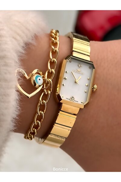 FERRO Women's Wristwatch, Square Case, Stylish Design, Yellow Color Steel Band, Heart Bracelet Gift