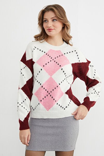 Fulla Moda Diamond Patterned Crew Neck Knitwear Sweater