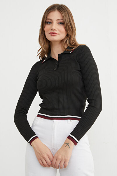 Fulla Moda Striped Corded Fabric Polo Neck Half Button Knitwear Sweater