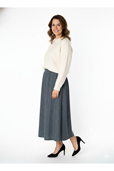 Oppland Women's Winter Piece Skirt Herringbone Patterned Fleece-Lined Elastic Waist Cotton Textured