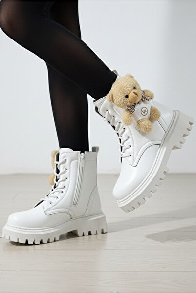 TOFİSA Girl's White Boots with Teddy Bear Detail - 28037-White