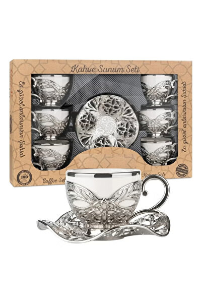 ACAR Luxury Turkish Coffee Set of 6 Cups with Holders and Saucers in Silver – Made in Turkey