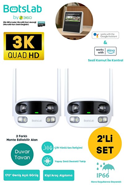 +360 Botslab Smart W302 Outdoor Kamera SET 3K / Çift Yönlü Ses / 170°/ Akıllı İnsan Takibi