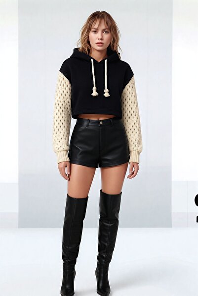 MAMAYAGA Women's Sleeves Knitwear Mesh Knit Stylish Design Crop Length Hooded Sweatshirt Sweater