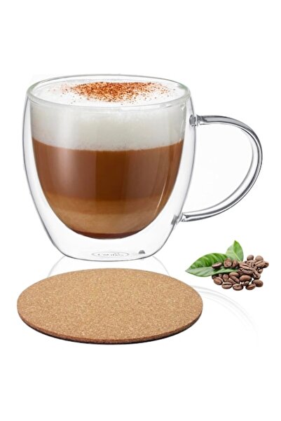 GABOS Double-wall borosilicate glass mug with handle, 150 ml, with cork coaster