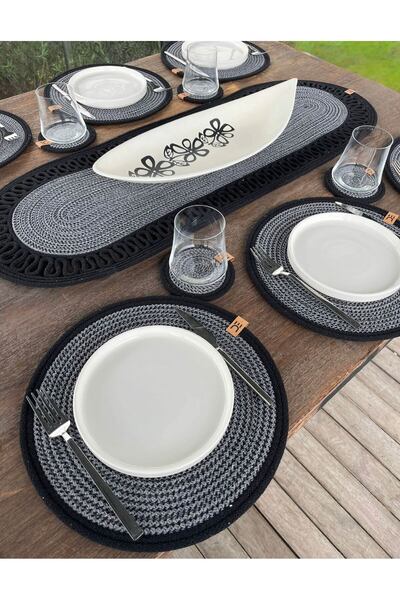 home inn 13-Piece Stain-Resistant Polypropylene Braided Model American Dinner Set – 6 Plates, 6 Coasters, 1 Runner