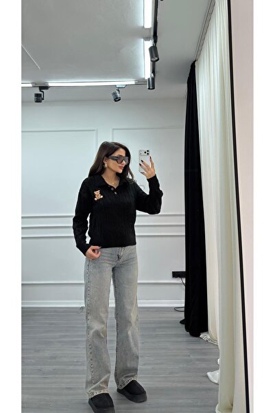 Daves Black Teddy Bear Embroidered Patterned Knitwear Sweater Beige