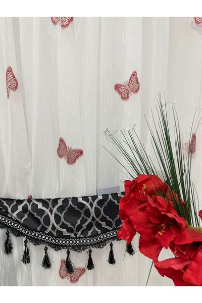 Liz Line Embroidered curtain, white/red color, with fringe, from the "Papillon" collection PD04410
