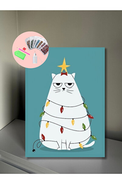 YADA Yılbaşı Kedi - Rhinestone Kit, Diamond painting, Kristal Taş Yapıştırma 25x35 Kanvas
