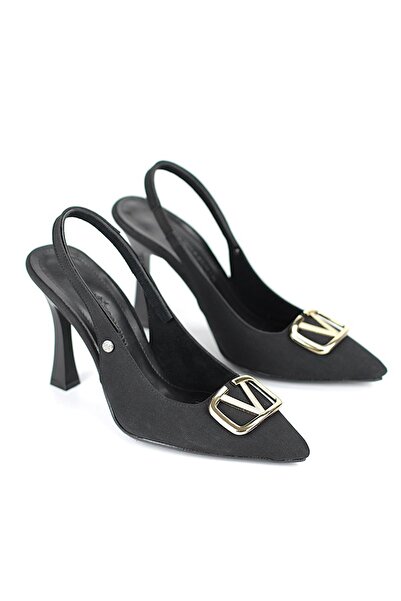 Gökhan Talay Melina Flexible Soft Non-Slip Sole (10 cm) Black Suede Open Elastic V Buckle Women's Heel