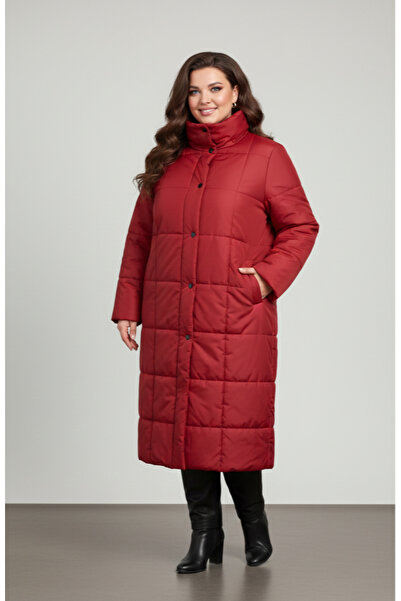 MAXLEVEL MODA Red Stand-Up Collar Snap and Zipper Closure Plus Size Women's Puffer Coat