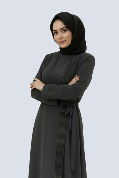 TheJOJODesign Stone Embroidered Belted Special Design Stylish and Comfortable Cotton Fabric Women's Ferace Hijab Dress
