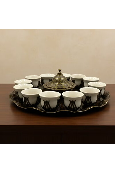 ACAR Luxury Arabian Coffee Set for 12 with Tray and Covered Dates Pot in a Bronze Touch – Made in Turkey