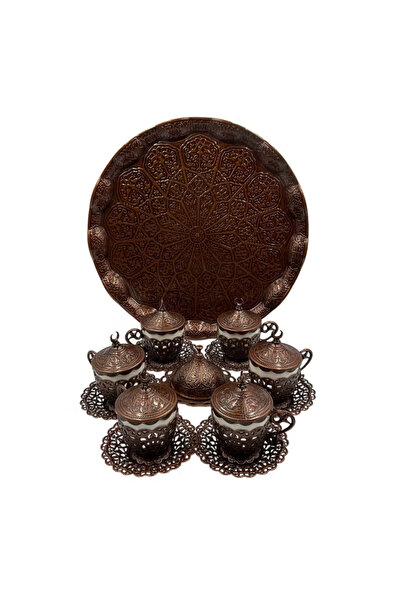 ACAR Luxury 6-Person Turkish Coffee Set in Elegant Ottoman Style – Magical Red Bronze – Made in Turkey