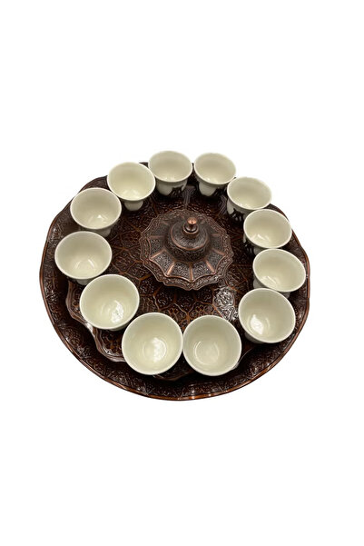 ACAR Luxury Arabian Coffee Set for 12 with Tray and Covered Dates Pot in Red Bronze – Made in Turkey