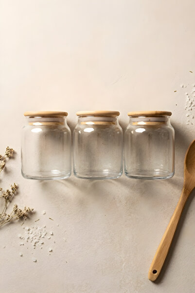 ZURİ DESİGN 3-Piece Glass Storage Container Set 275 Cc - Food Preservation Jar with Vacuum Bamboo Lid