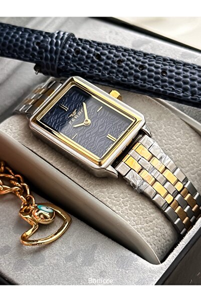 FERRO Women's Wristwatch, Rectangular Case, Navy Blue Yellow Color Steel-Leather Case Band, Heart Bracelet Gift