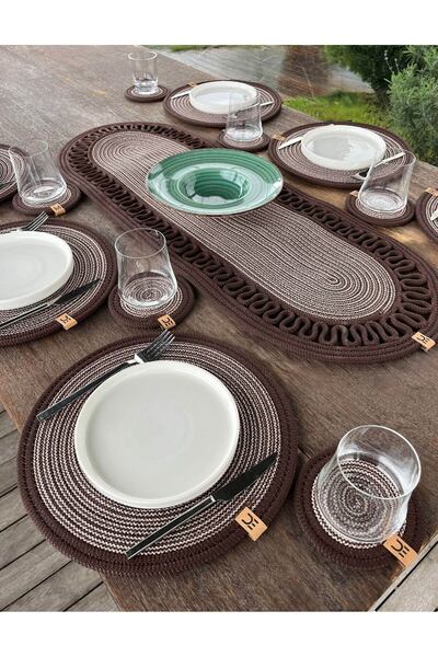 home inn 13-Piece Stain-Resistant Polypropylene Braided Model American Dinner Set – 6 Plates, 6 Coasters, 1 Runner
