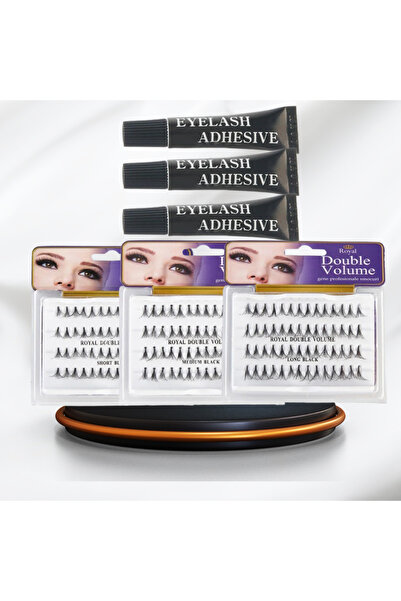 Royal Double Volume Tufted Eyelashes Package (Short, Medium, Long) + 3 Professional Eyelash Adhesives B