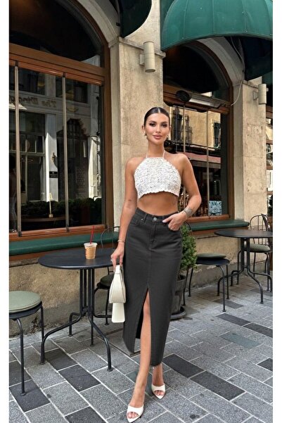 KENE JEANS Women's Front Slit Detail Skirt with Cut-Out Hem Linen Skirt