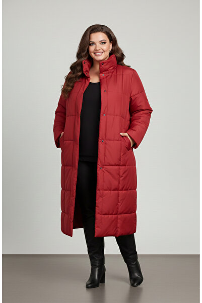 MAXLEVEL MODA Red Stand-Up Collar Snap and Zipper Closure Plus Size Women's Puffer Coat
