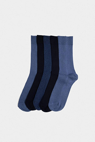 DeFacto G6519Axnv2 Navy Blue Men's 5-Piece Cotton Long Socks