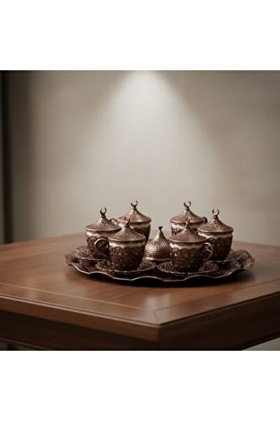 ACAR Luxury 6-Person Turkish Coffee Set in Elegant Ottoman Style – Magical Red Bronze – Made in Turkey
