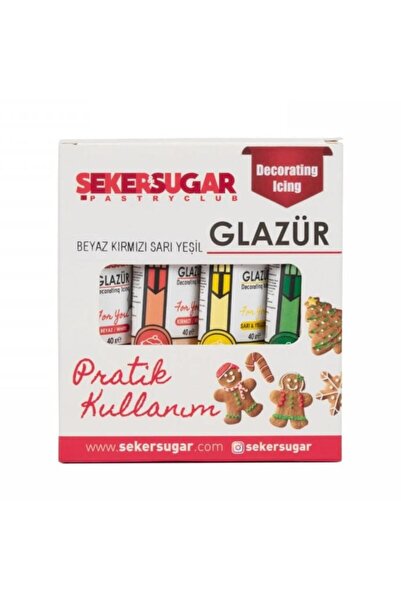 ŞEKER & SUGAR Glazür 4’lü Süsleme Seti 40 g – Beyaz, Kırmızı, Sarı, Yeşil | Pasta ve Kurabiye Dekoru