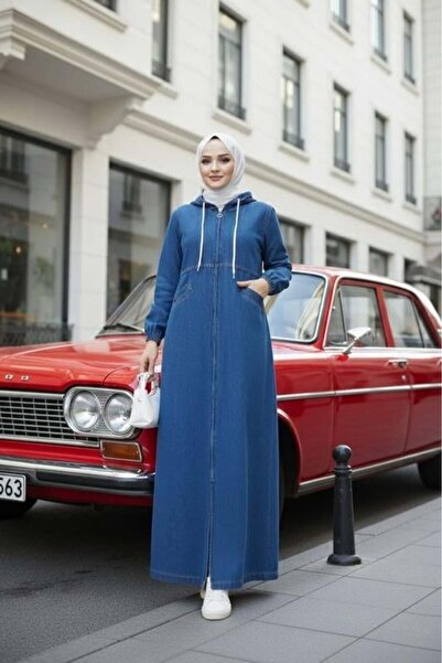 Hb Harma Time Butik Women's Hooded , Dark Denim Blue Cap with Zipper and Pockets