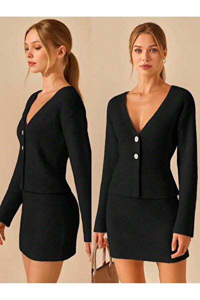 Puella Tkm0006 Women's Black Buttoned Cardigan-Mini Skirt Knitwear Bottom Top Set